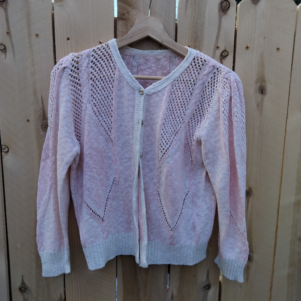Vintage Hand-Knit Pastel Pink Button-Front Pointelle Knit Cardigan Sweater S/M
